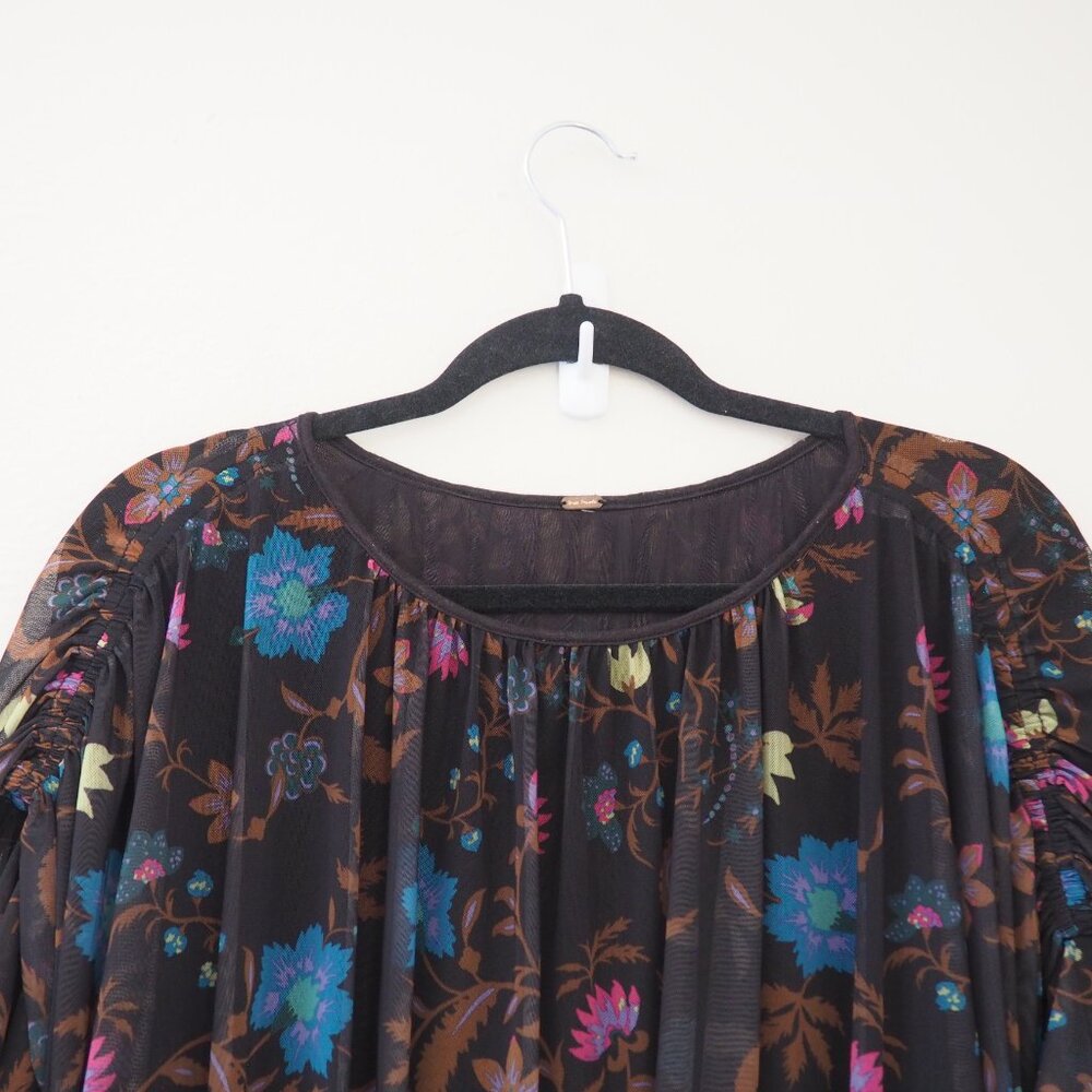 !! Free People Black Wildflower Honey Floral Long Sleeve Lined Mesh Top - Picture 5 of 8